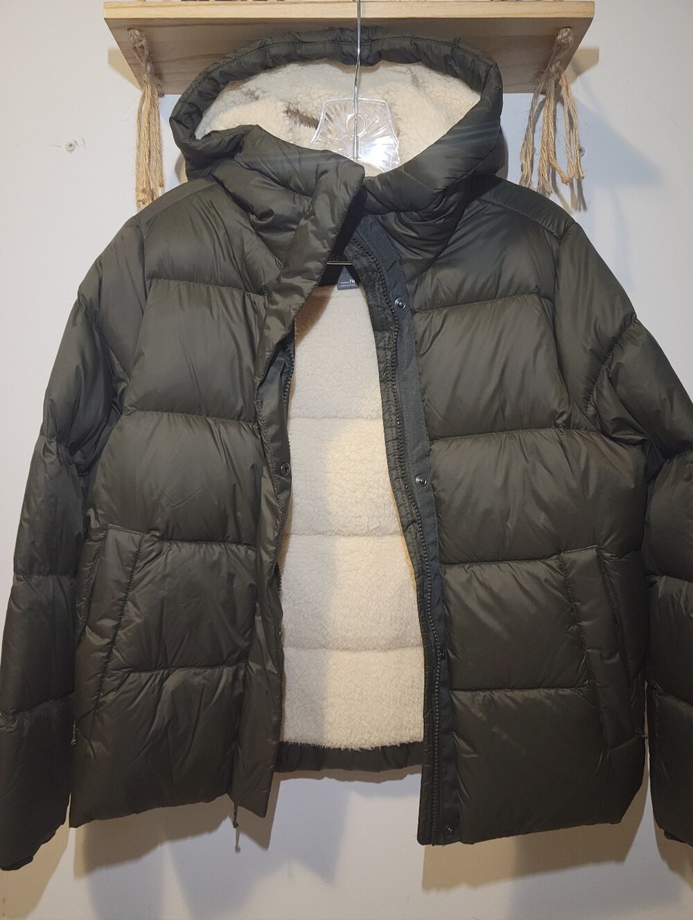 Eddie Bauer Olive Down Puffer Sherpa Lined Hooded Jacket Petite M